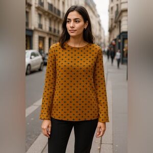 Ellen Weaver Women’s Chic Mustard Long Sleeved geometric Print Top- Large